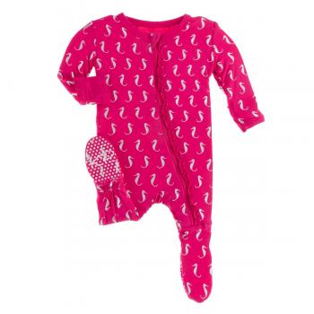 Kickee Pants - Print Muffin Ruffle Footie with Zipper in Prickly Pear Mini Seahorses - Eden Lifestyle