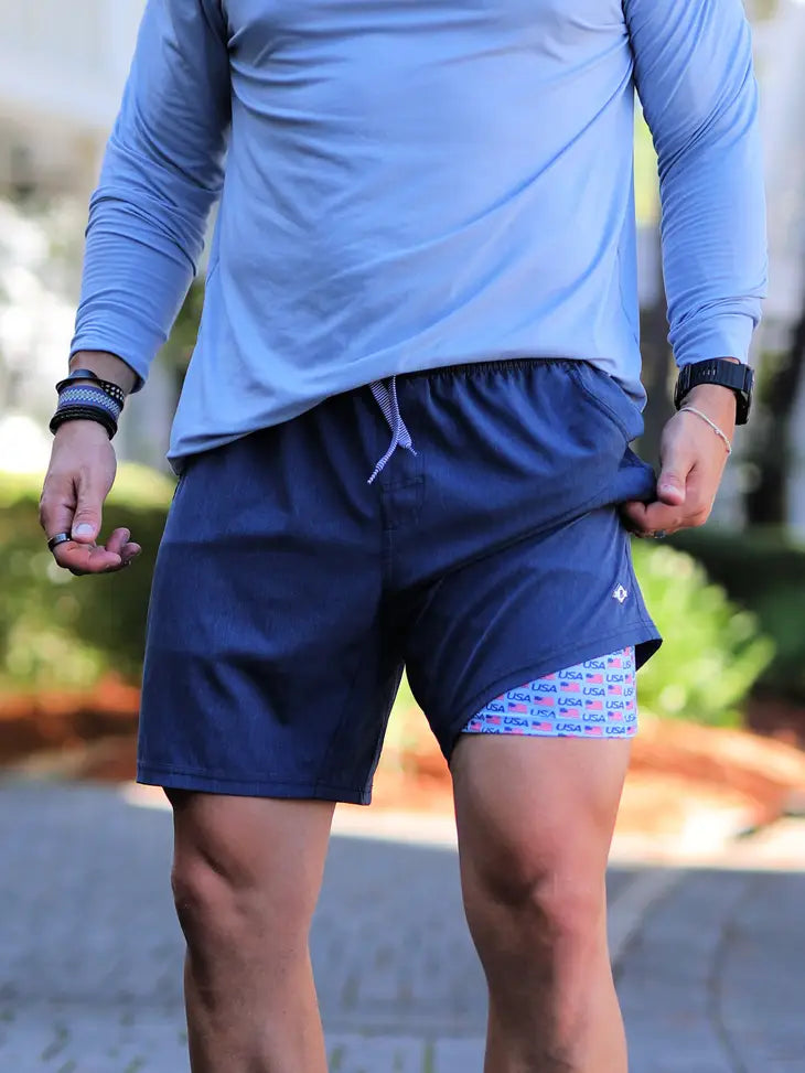 Athletic Shorts - Heather Navy - USA Flag Liner - Eden Lifestyle