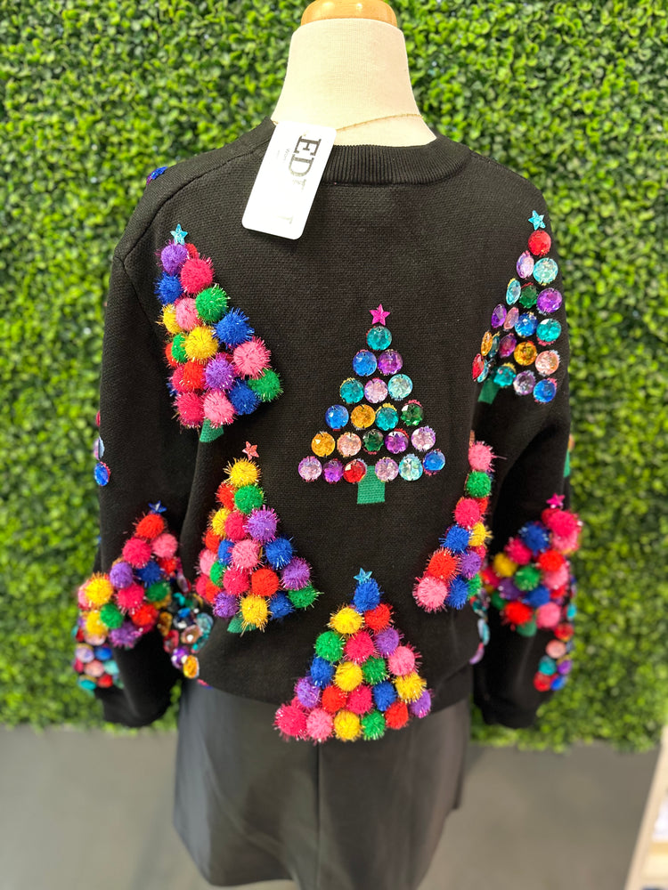 Queen of Sparkles Pom Pom & Jeweled Trees Sweater - Eden Lifestyle