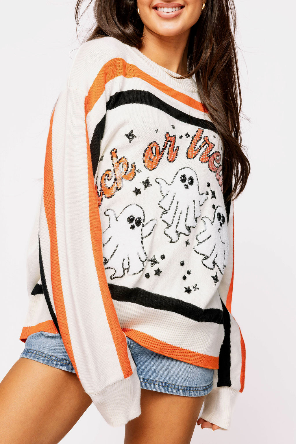 White, Black & Orange Stripe 'Trick or Treat' Long Sleeve Sweater - Eden Lifestyle