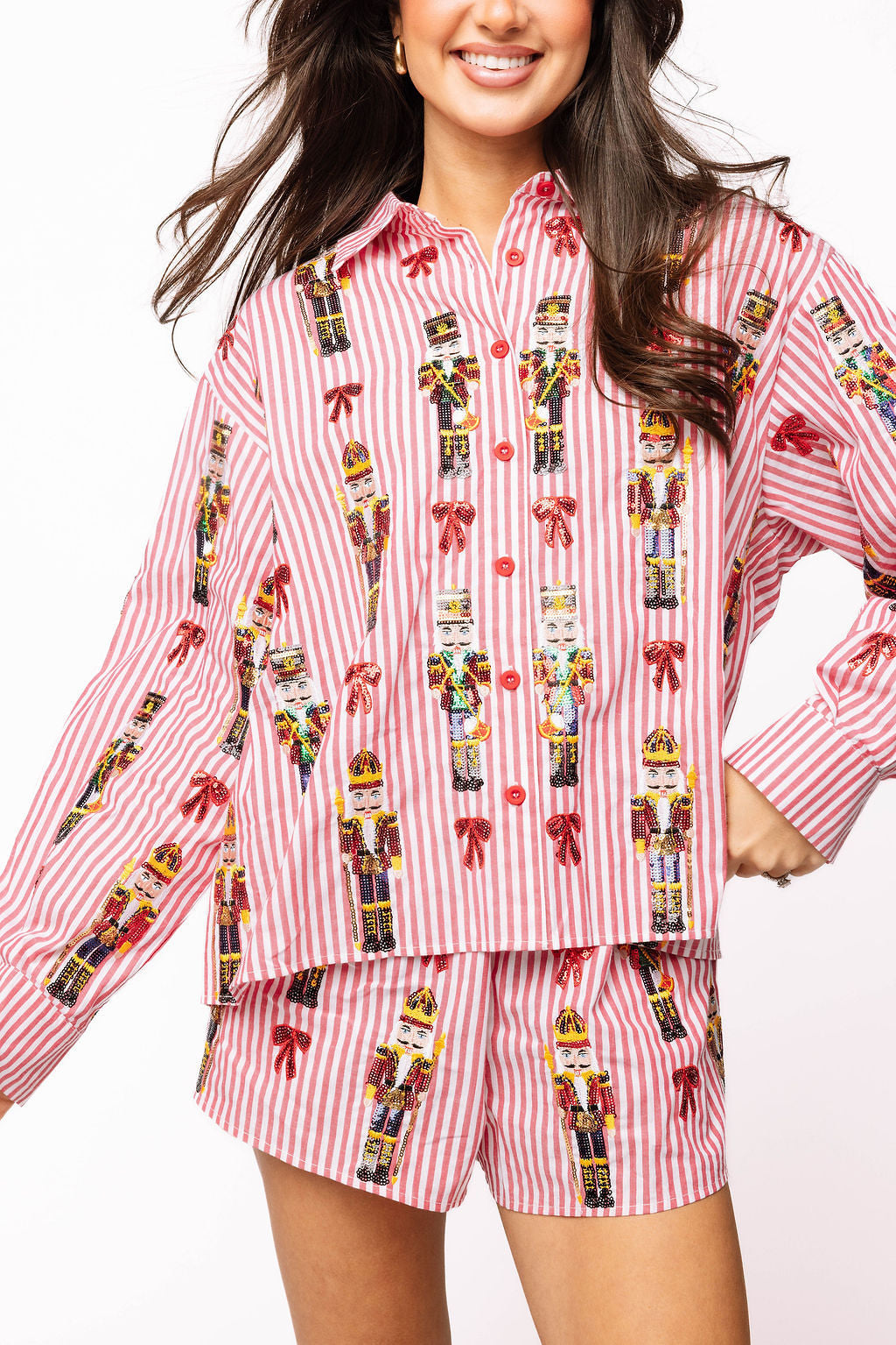 Red Striped Scattered Nutcracker & Bow Cotton Button Up Top - Eden Lifestyle
