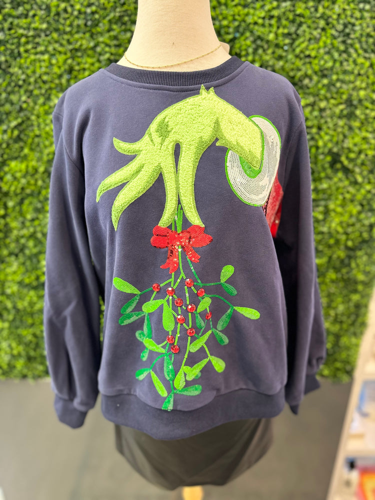 Queen of Sparkles Navy Grinch Mistletoe Hand Sweatshirt - Eden Lifestyle