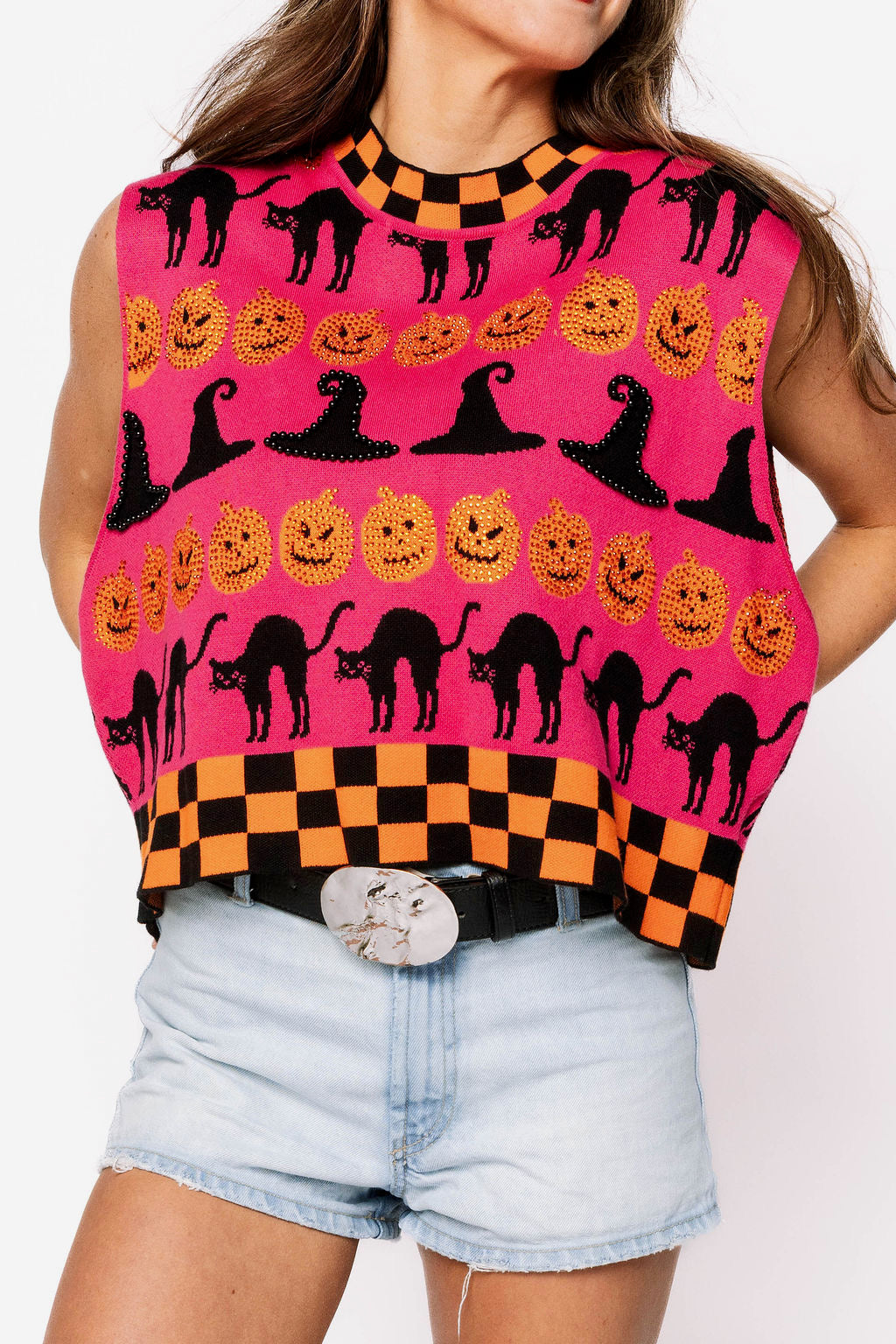 Hot Pink, Black & Orange Checker Trim Halloween Icon Tank - Eden Lifestyle