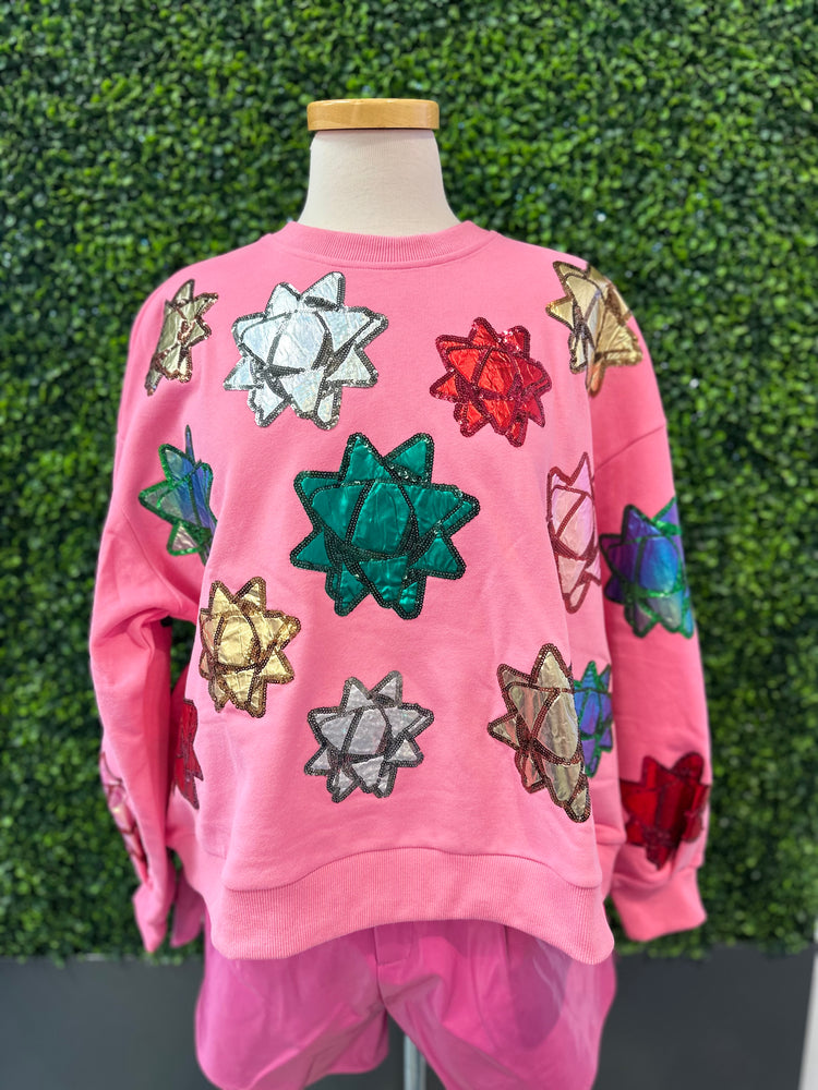 Queen of Sparkles Pink Metallic Present Bows Sweatshirt - Eden Lifestyle