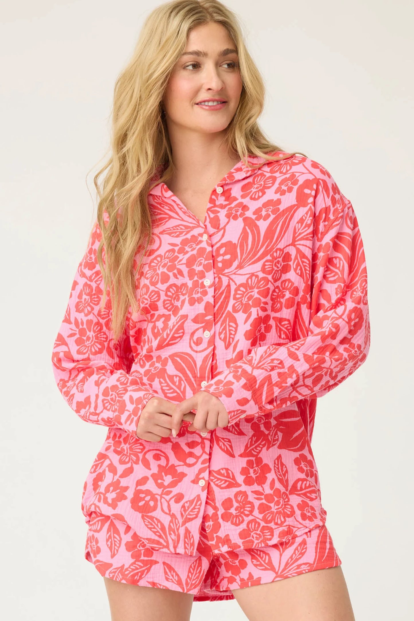 Bali Bay Floral Long Sleeve Button-Up Shirt and Short Set - Eden Lifestyle