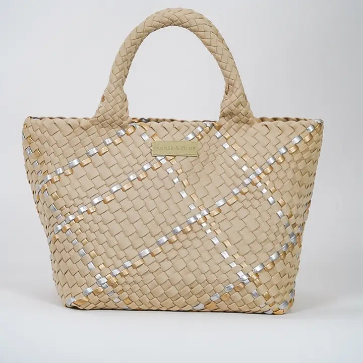 Beige Metallic Multi Woven Tote - Eden Lifestyle