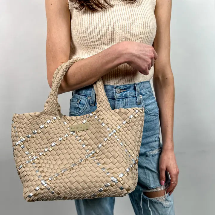 Beige Metallic Multi Woven Tote - Eden Lifestyle
