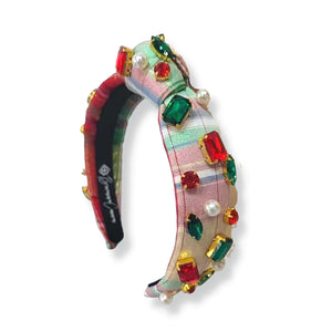 Child Size Metallic White Tartan Plaid Headband With Crystals - Eden Lifestyle