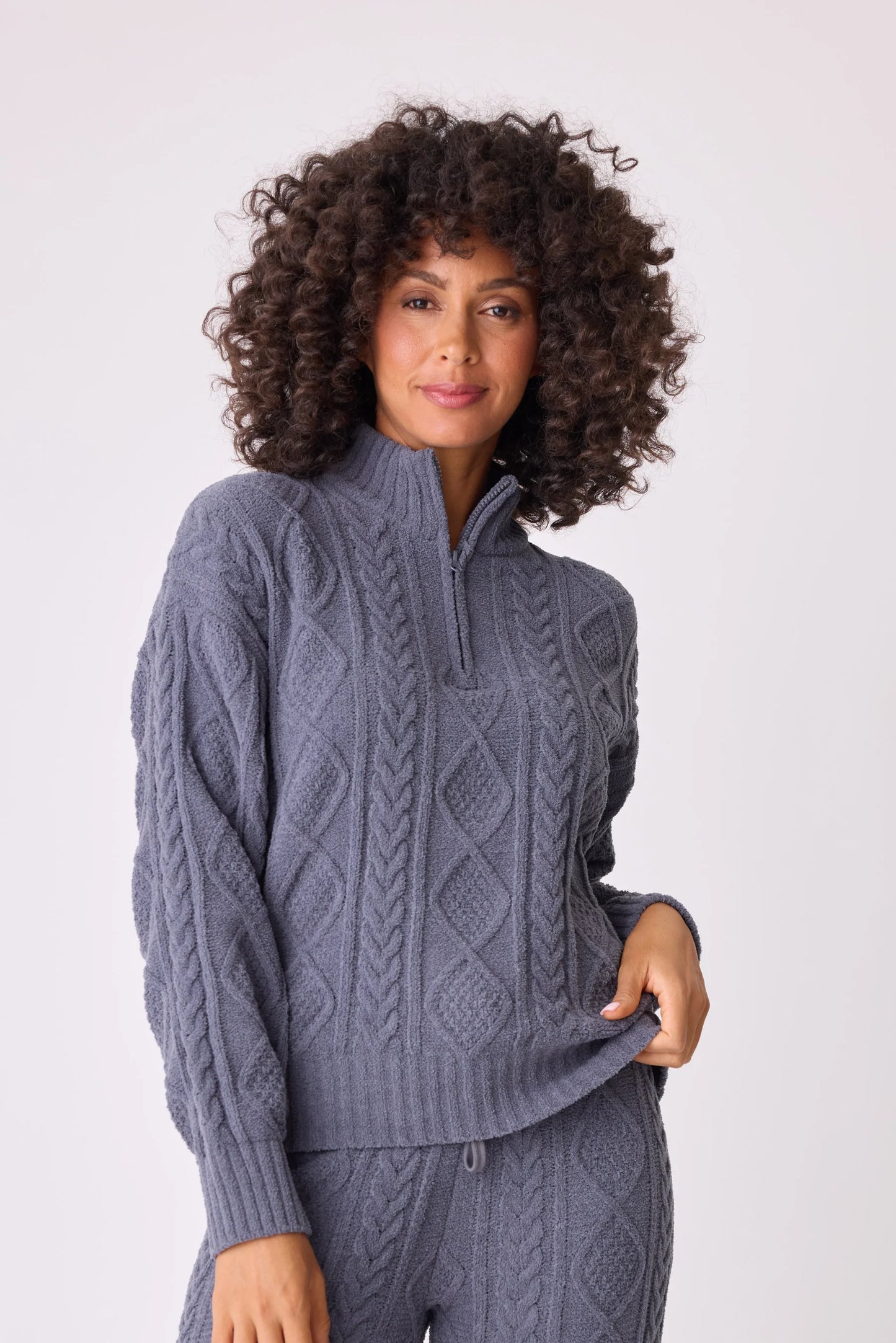 Charcoal Chenille Cozy Cable Quarter Zip Sweater and Pant Set - Eden Lifestyle