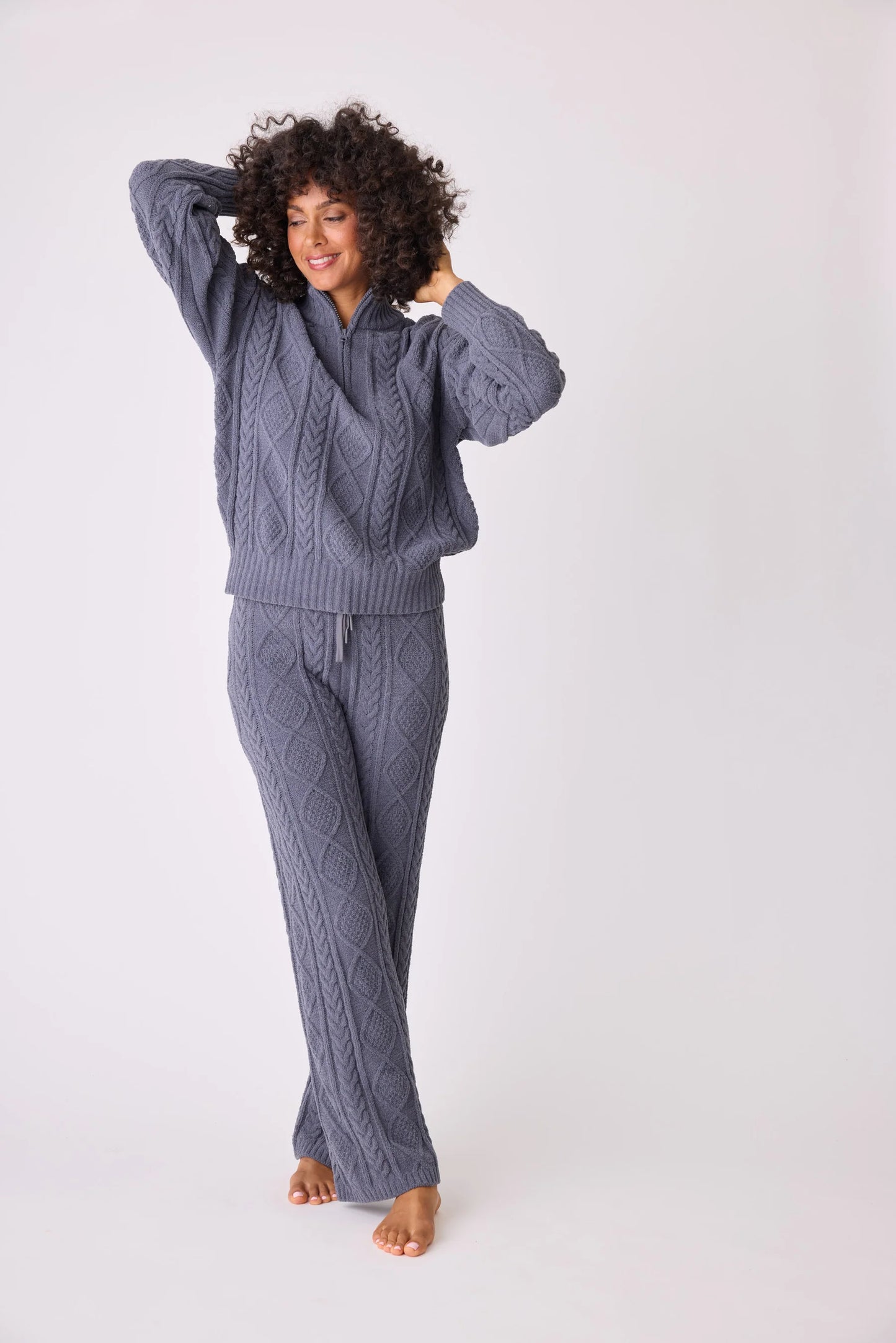 Charcoal Chenille Cozy Cable Quarter Zip Sweater and Pant Set - Eden Lifestyle