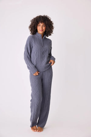 Charcoal Chenille Cozy Cable Quarter Zip Sweater and Pant Set - Eden Lifestyle