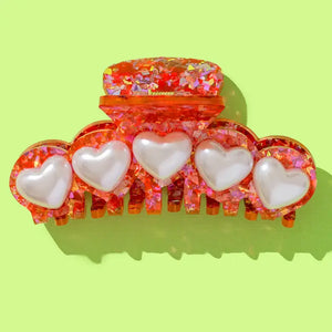 Claw Hair Clip - Red Confetti w/ Pearl Heart Beads - Eden Lifestyle