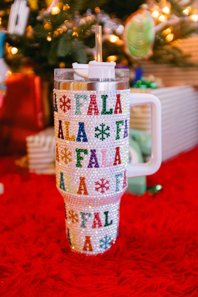 White Multi 'Fa La La" Rhinestone Tumbler - Eden Lifestyle
