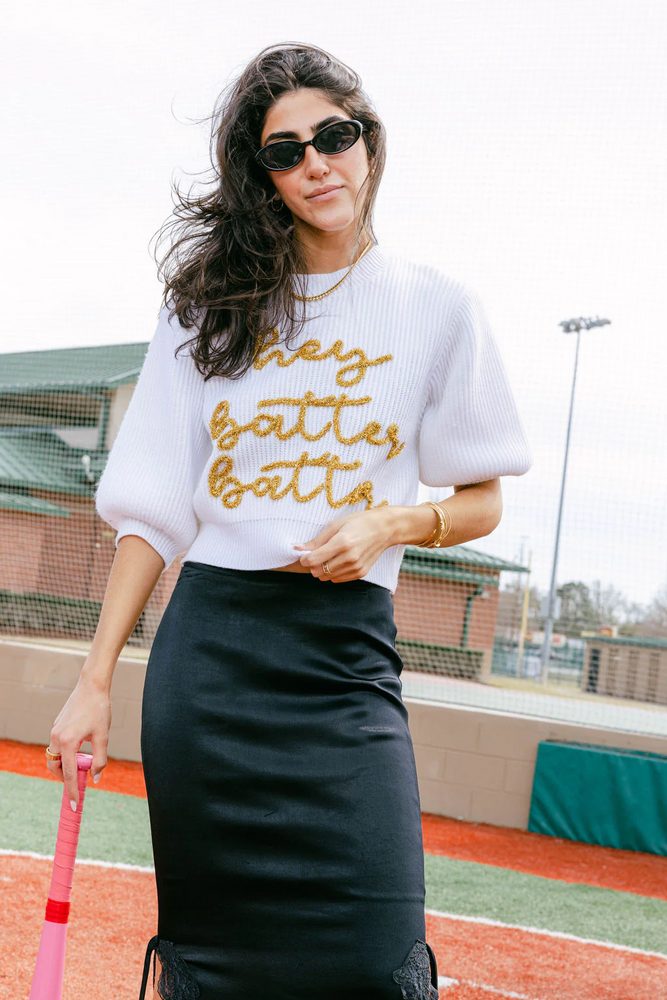 White Hey Batter Batter Glitter Script Sweater - Eden Lifestyle