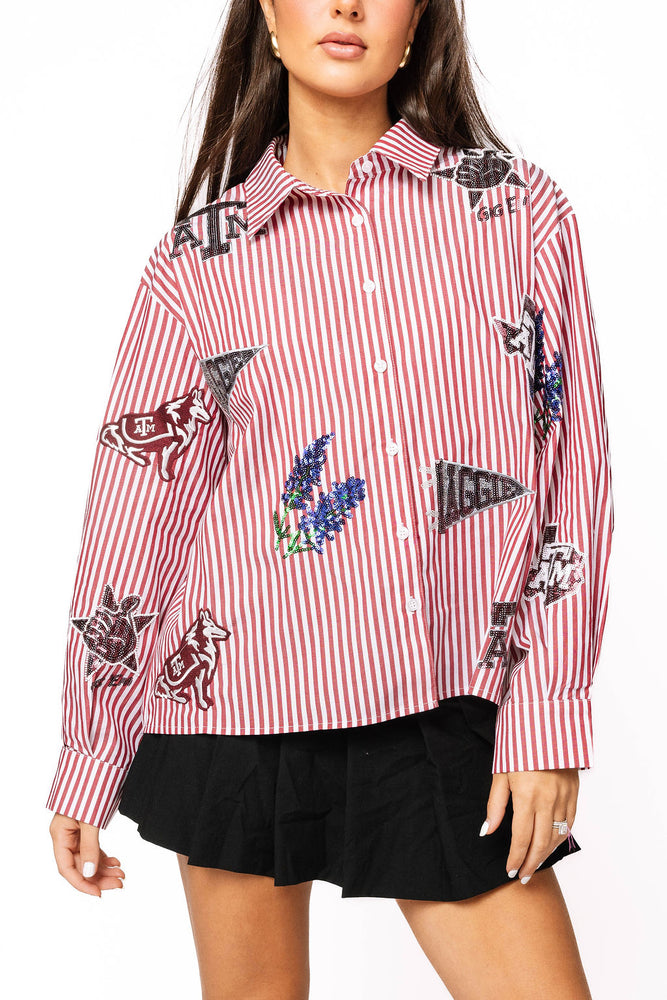 Licensed Texas A&M Mini Icon Striped Button Down - Eden Lifestyle