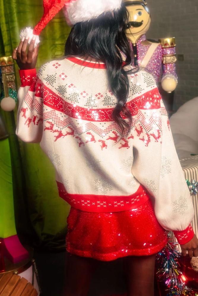 Queen of Sparkles Red & White Vintage Needlepoint Reindeer Sweater - Eden Lifestyle