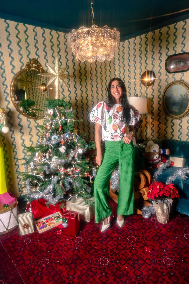 White Christmas Lights Tee With Poof Sequin Sleeves - Eden Lifestyle