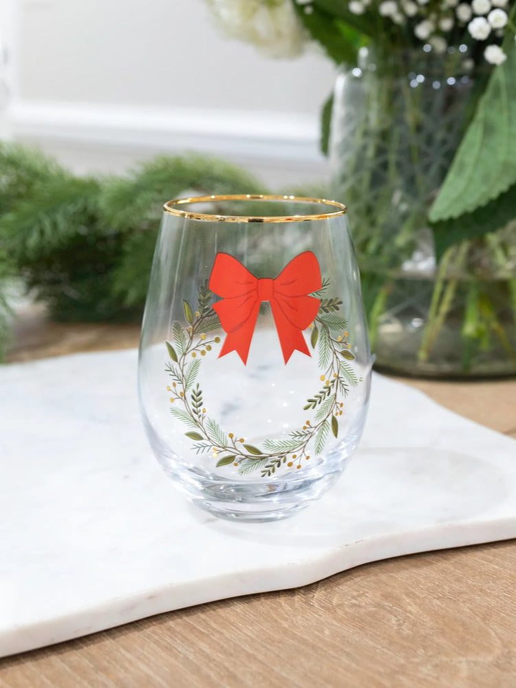 Stemless Wine Glass | Red Bow Wreath - Eden Lifestyle