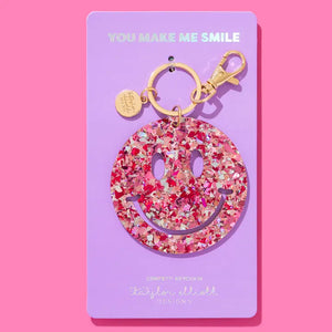 Keychain - Happy Face - Pink + Silver Confetti - Eden Lifestyle