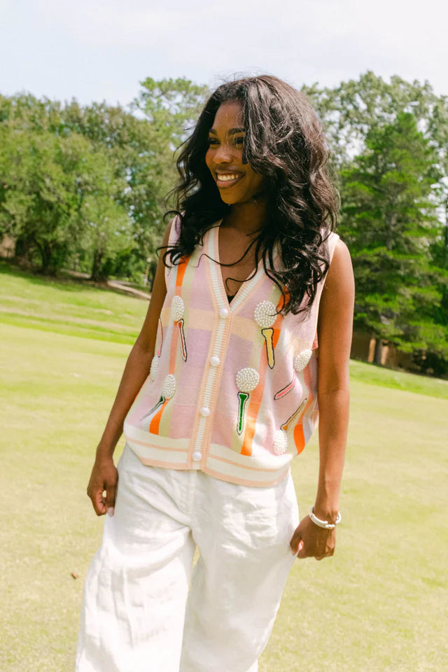 Queen of Sparkles Light Pink Plaid Golf Tee Time Sweater Vest - Eden Lifestyle