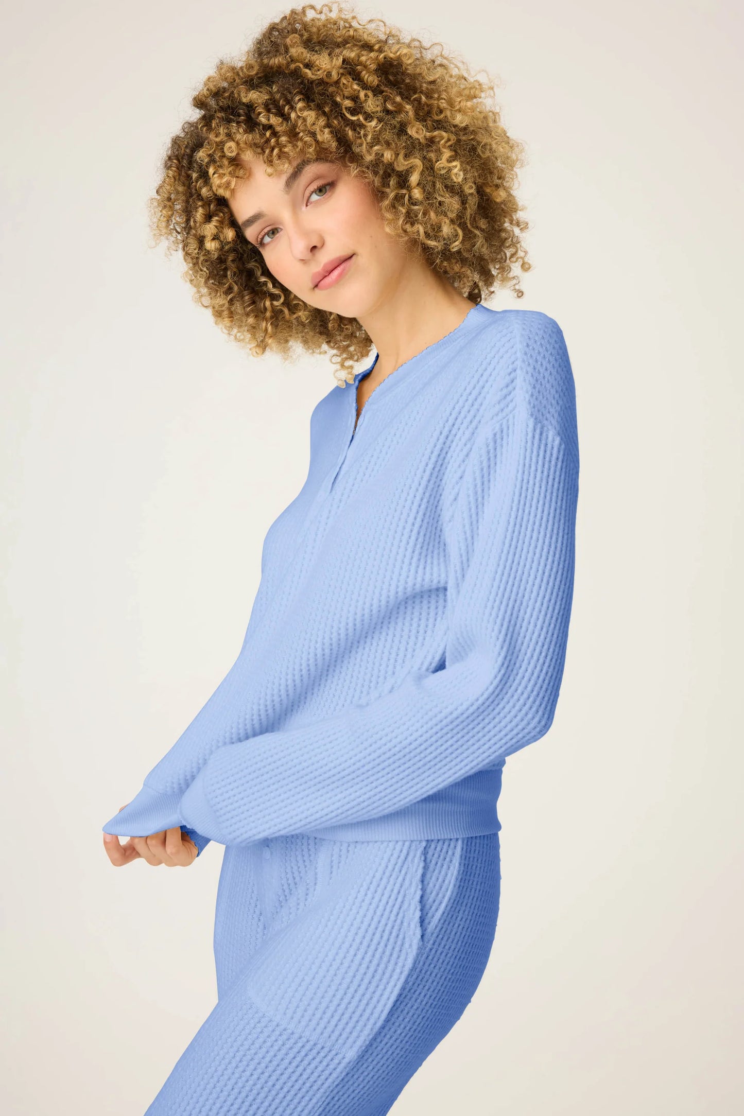 Morning Waffles Solid Peri Long Sleeve Top and Short Set - Eden Lifestyle