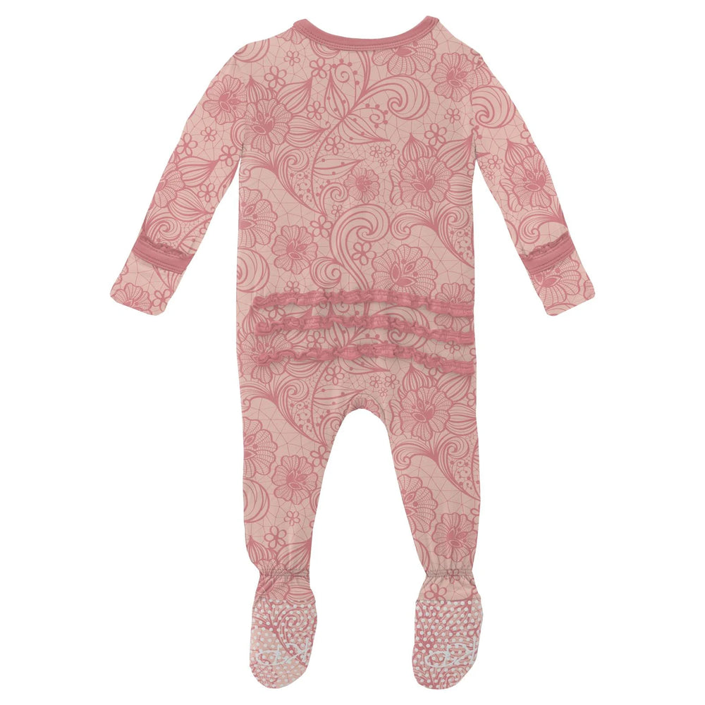 Print Muffin Ruffle Footie with Zipper in Peach Blossom Lace - Eden Lifestyle