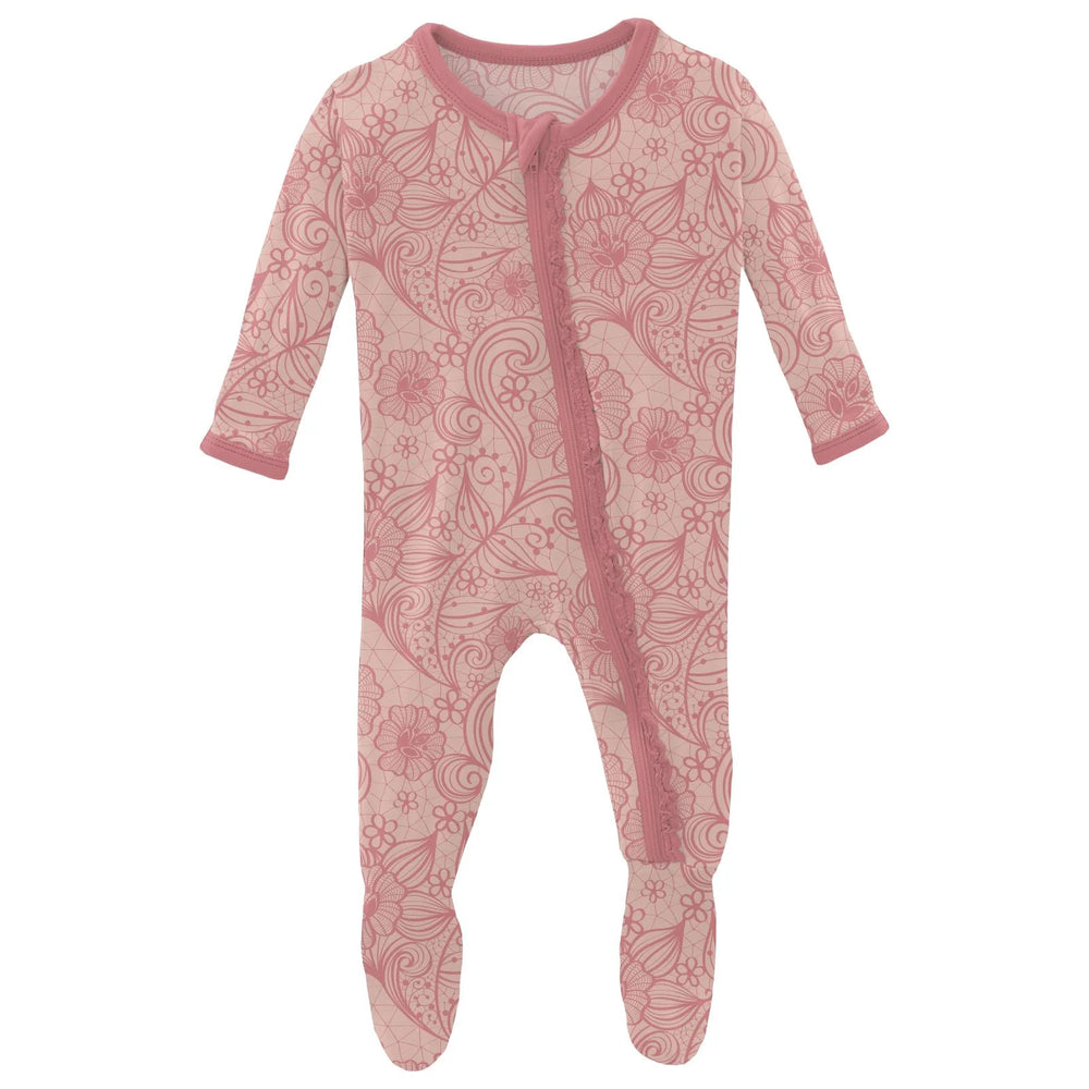 Print Muffin Ruffle Footie with Zipper in Peach Blossom Lace
