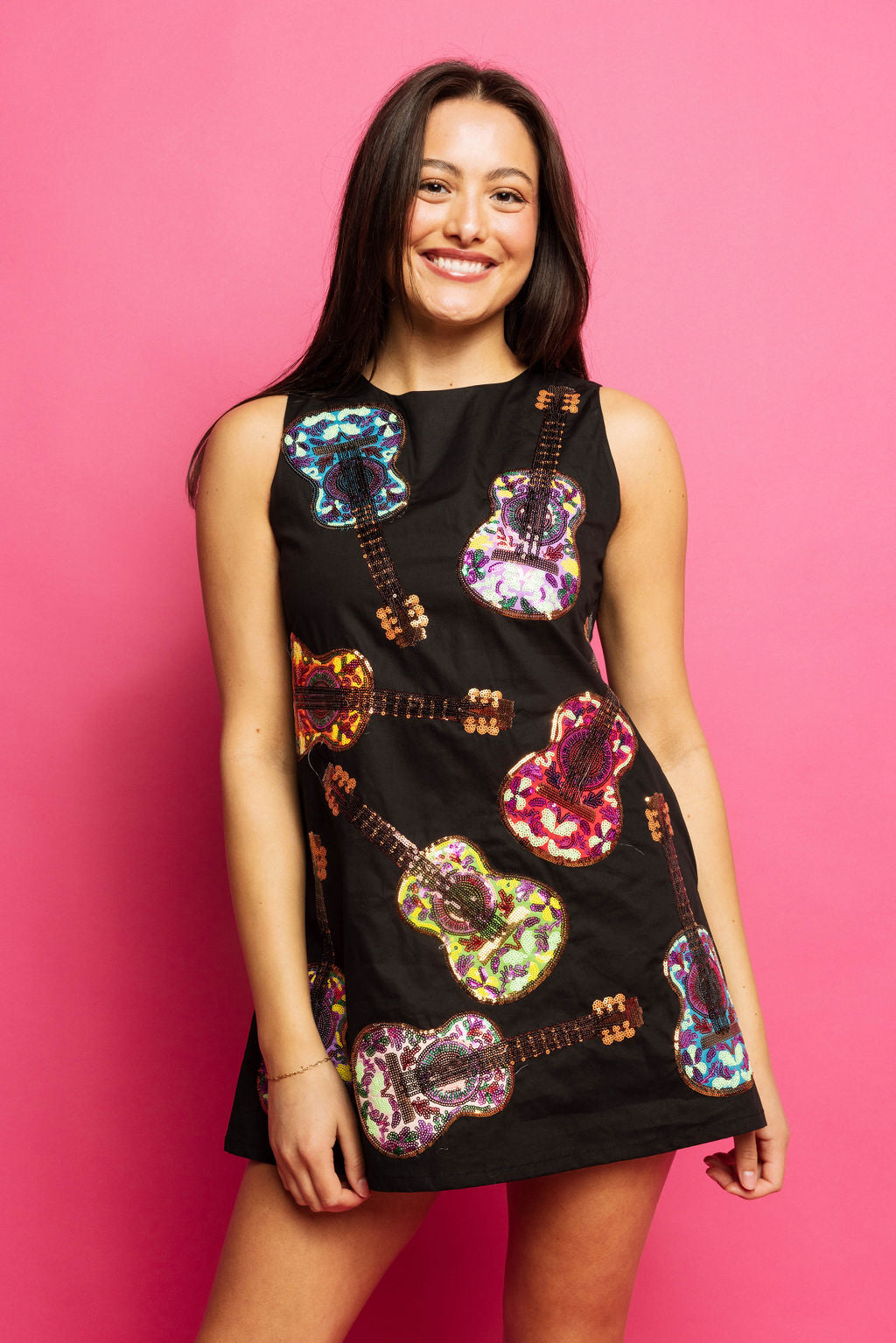 Black Multi Guitars Cotton Tank Dress - Eden Lifestyle