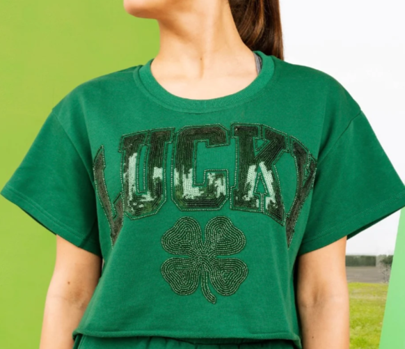 Queen of Sparkles Dark Green Lucky Short Sleeve Top - Eden Lifestyle