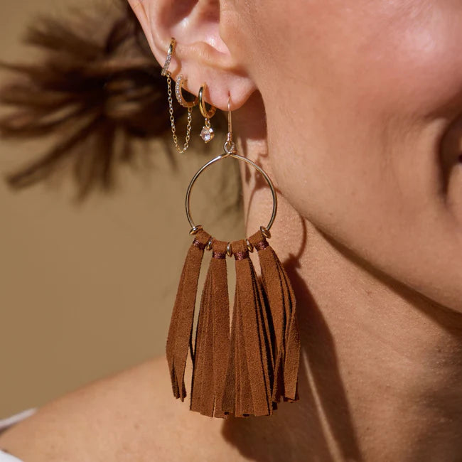 Tan Ravenna Tassel Hoop Earrings - Eden Lifestyle