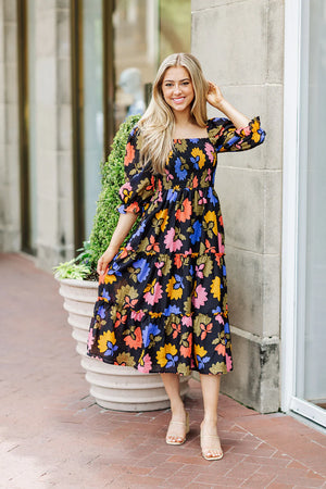 The Avery Square Ruched Midi Dress - Eden Lifestyle