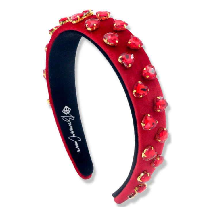 Thin Red Velvet Headband with Red Heart Crystals - Eden Lifestyle