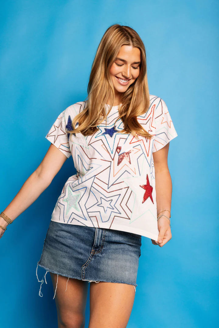 White, Red & Blue Groovy Star Tee - Eden Lifestyle