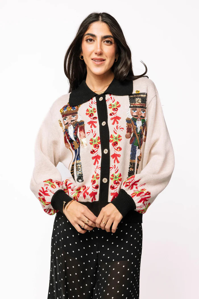 Black Trim Collar Nutcracker & Candy Cane Button Up Cardigan - Eden Lifestyle