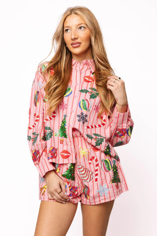 Light Pink & Red Stripe Christmas Icons Button Up Top - Eden Lifestyle