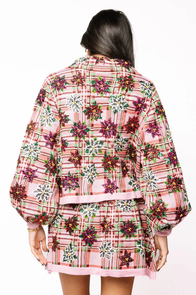 Queen of Sparkles Pink Plaid Poinsettia Button Up Collar Sweater - Eden Lifestyle