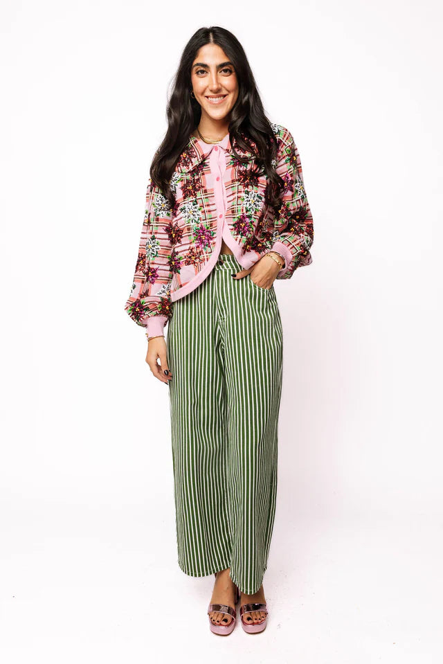 Queen of Sparkles Pink Plaid Poinsettia Button Up Collar Sweater - Eden Lifestyle