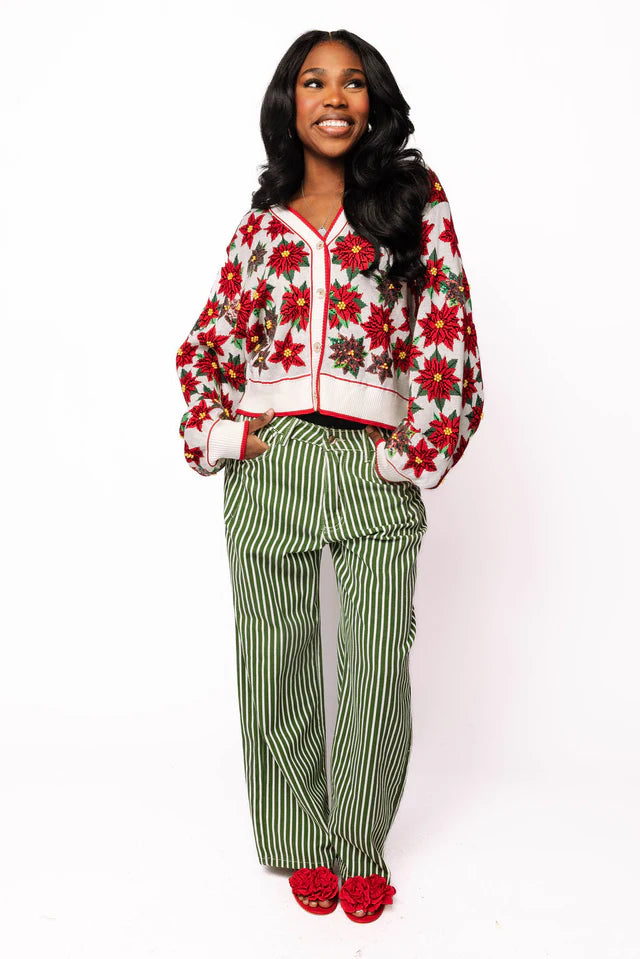 White & Red Poinsettia Button Up Cardigan - Eden Lifestyle