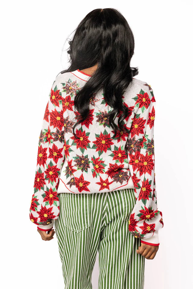 White & Red Poinsettia Button Up Cardigan - Eden Lifestyle