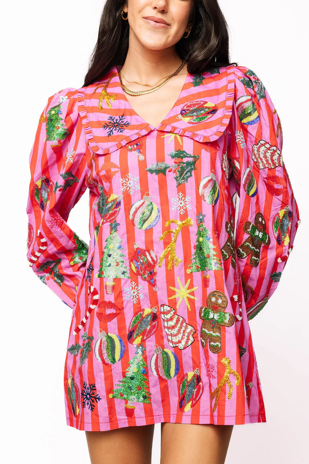 Pink & Red Stripe Christmas Icon Collar Dress - Eden Lifestyle