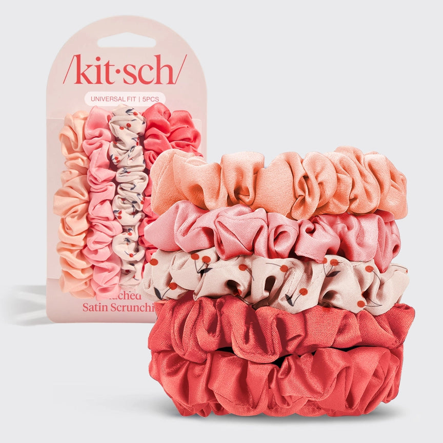 Ruched Satin Scrunchies 5pc Set - Assorted Cherry Blossom - Eden Lifestyle