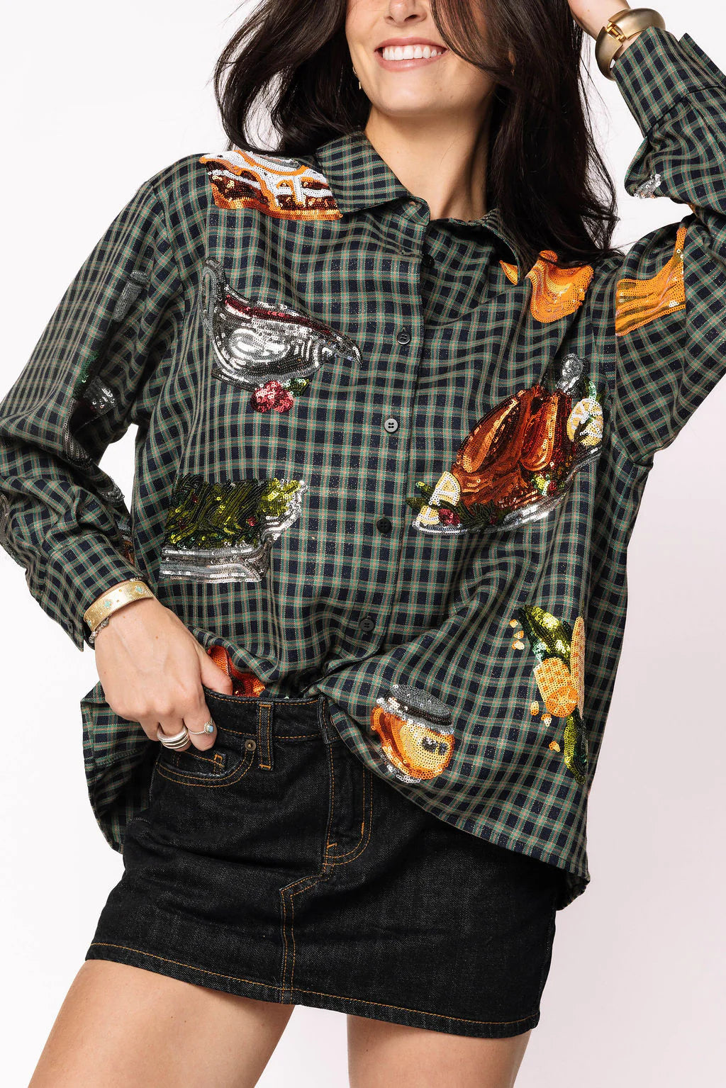 Navy Plaid Queen of Turkey Button Up Long Sleeve Top - Eden Lifestyle