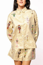 Gold Metallic Stripe Cocktail Serving Nutcracker Button Up Long Sleeve Top - Eden Lifestyle