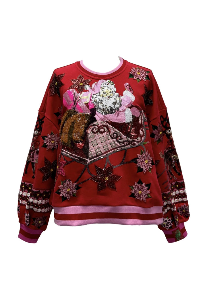 Red & Pink Vintage Poinsettia Santa Sweatshirt - Eden Lifestyle