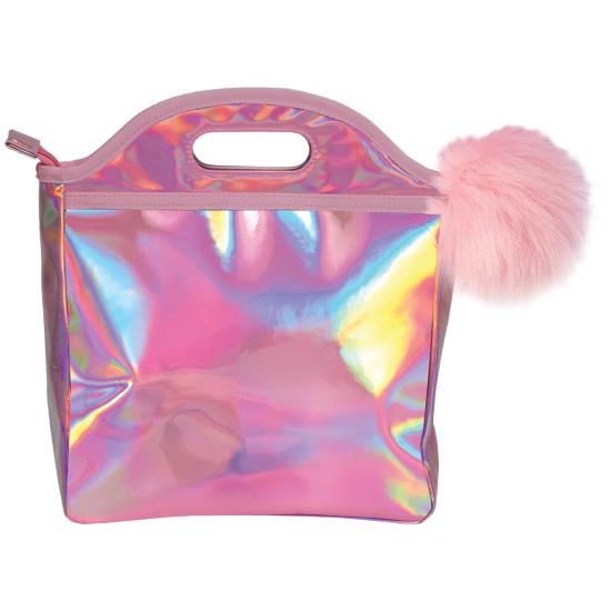 Pink Holographic Lunch Tote with Pom Pom