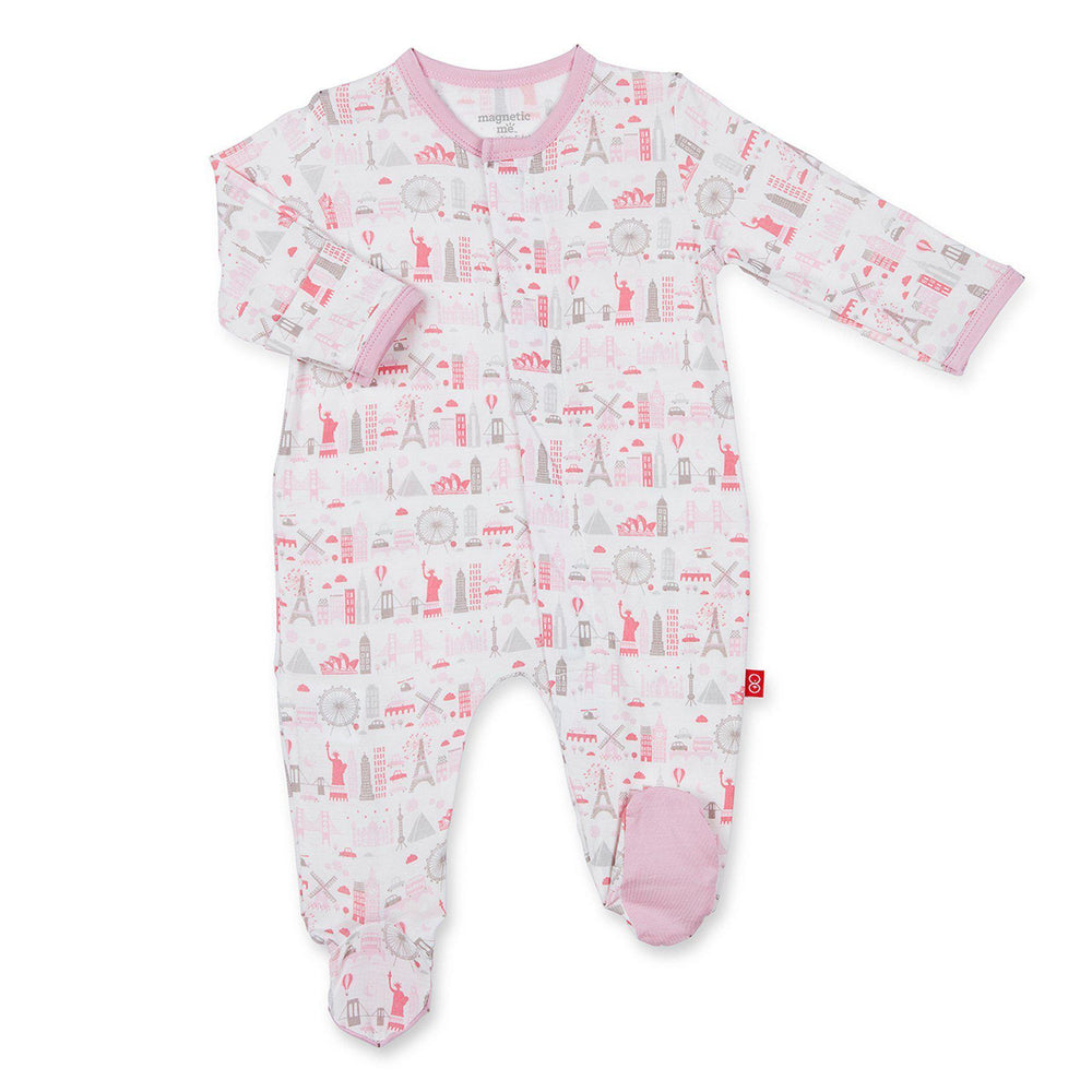 Magnificent Baby, Baby Girl Apparel - One-Pieces,  Magnetic Me by Magnificent Baby Pink Globetrotter Modal Magnetic Footie