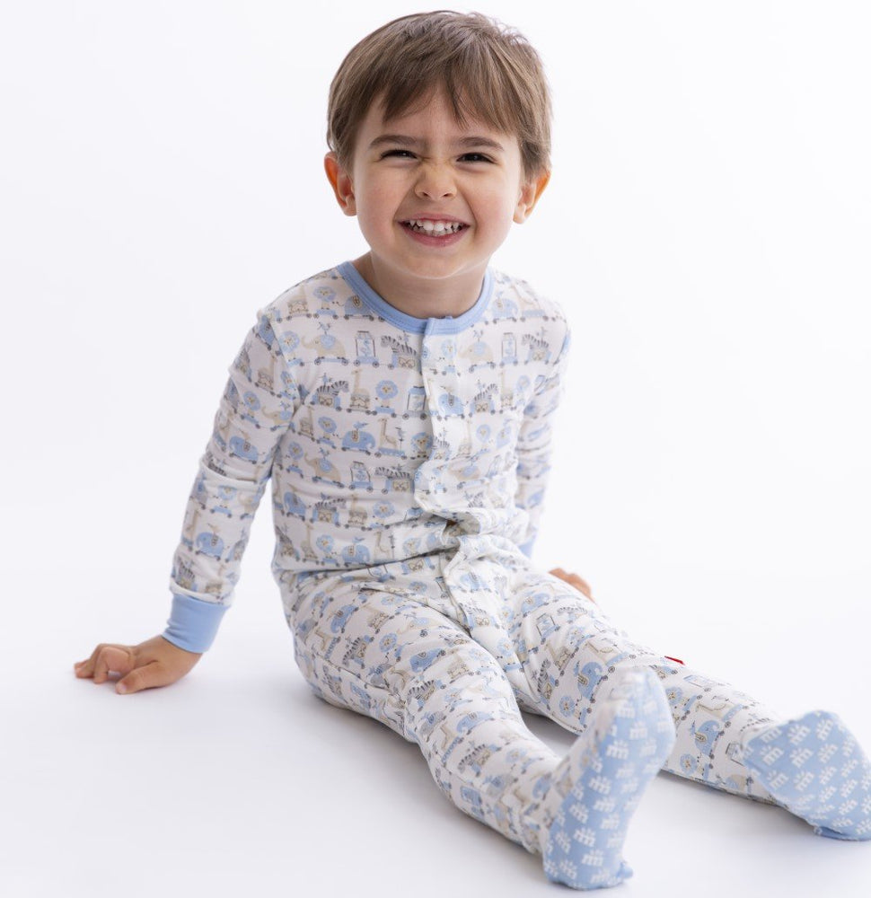 Magnificent Baby, Baby Boy Apparel - Pajamas,  Magnetic Me by Magnificent Baby Blue Taj Express Model Magnetic Footie