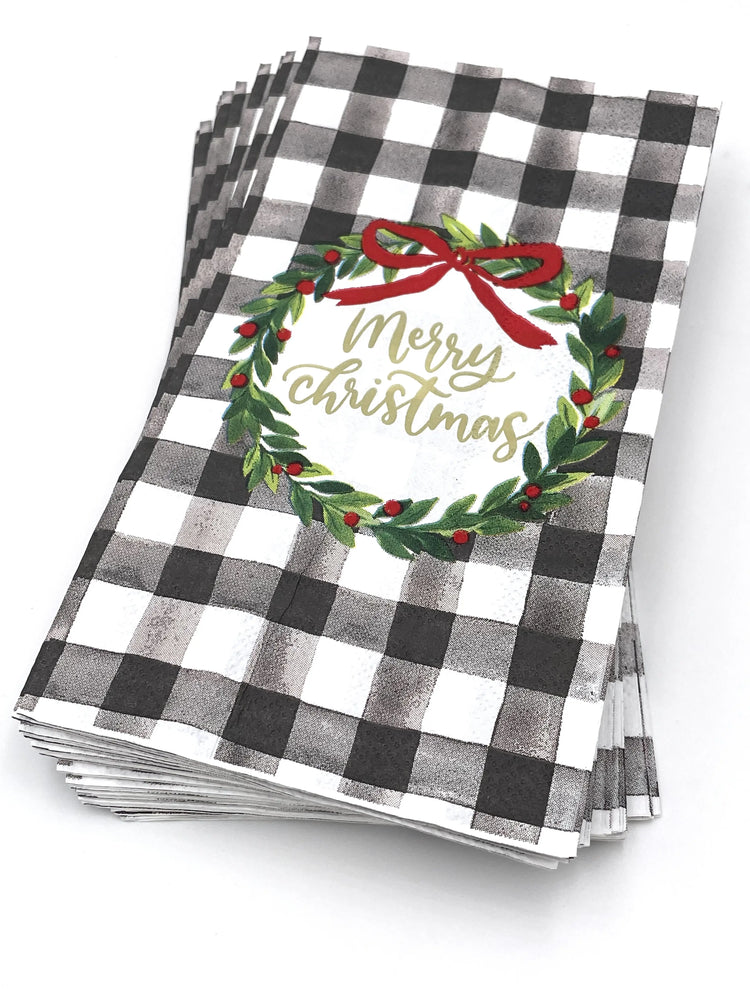 Check Wreath Merry Christmas 3 ply Guest Towel 16 Count - Eden Lifestyle