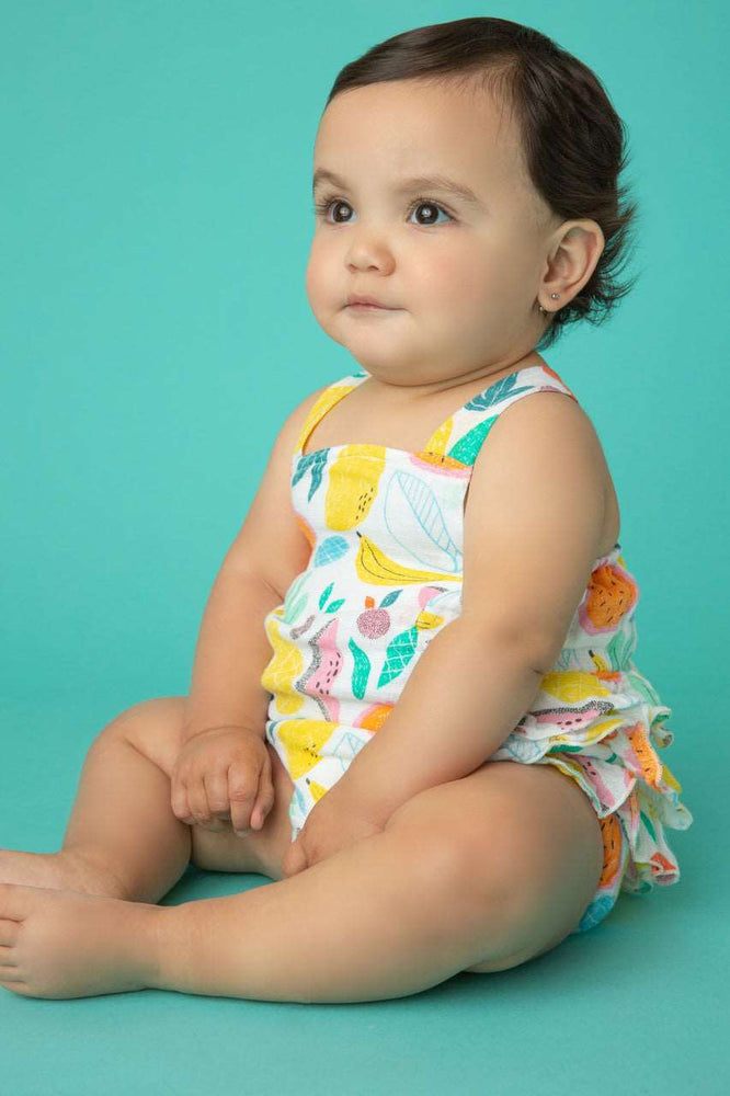 Angel Dear, Baby Girl Apparel - Outfit Sets,  Angel Dear Sunsuit with Ruffle Back in Tropical Fruit and Bow Set