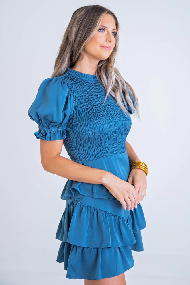 Blue Satin Smock Tier Dress - Eden Lifestyle